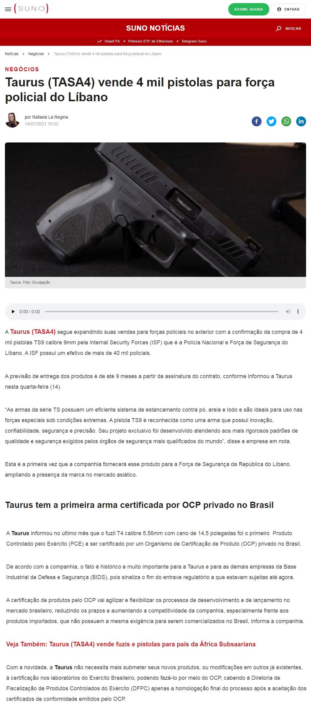 TAURUS (TASA4) VENDE 4 MIL PISTOLAS PARA FORçA POLICIAL DO LíBANO